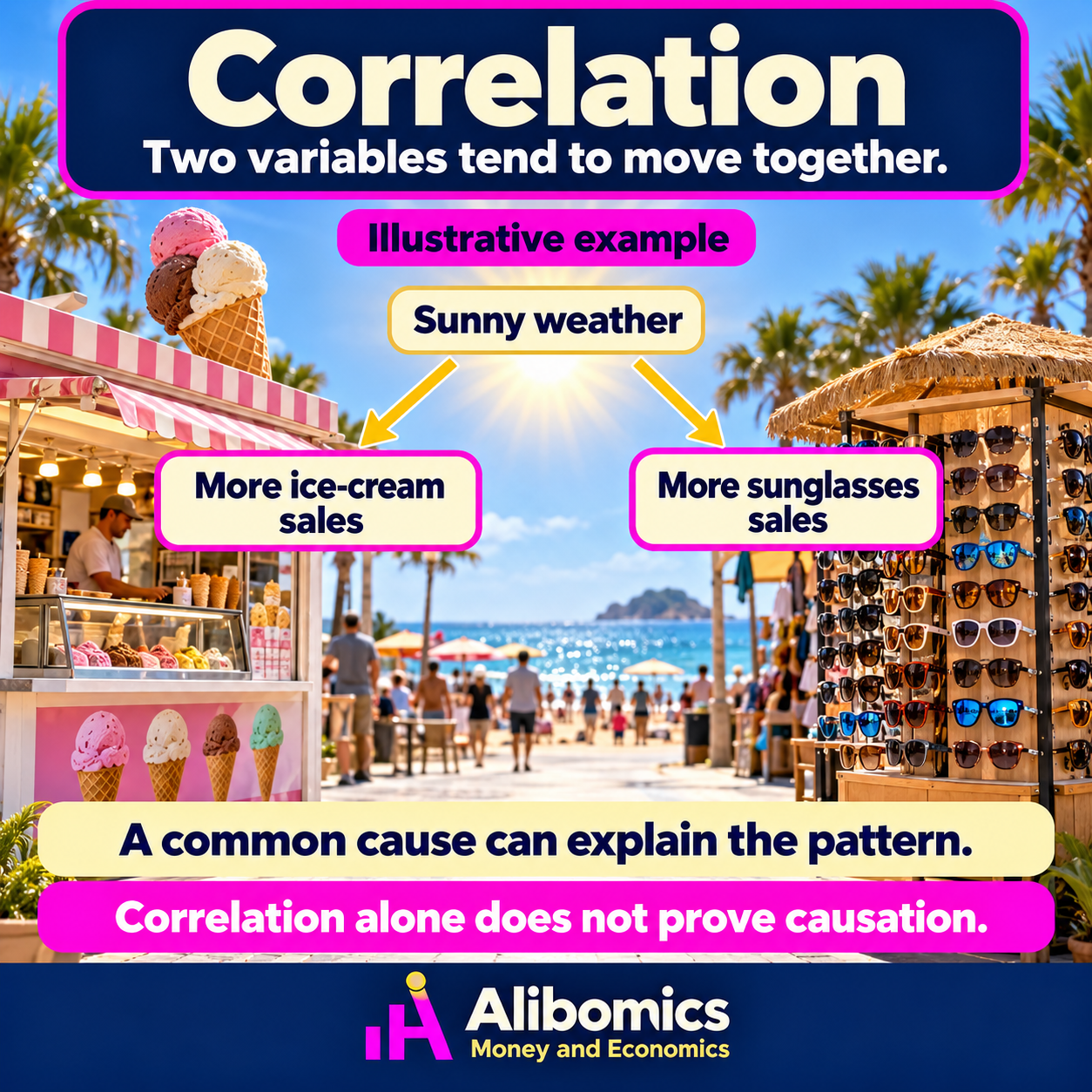 Correlation: A statistical description of how variables move together, not proof that one causes the other.