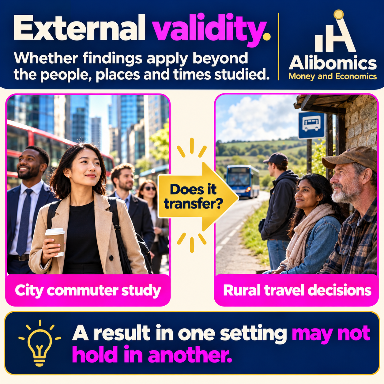 External validity: The extent to which a study’s findings apply to other people, settings or times.